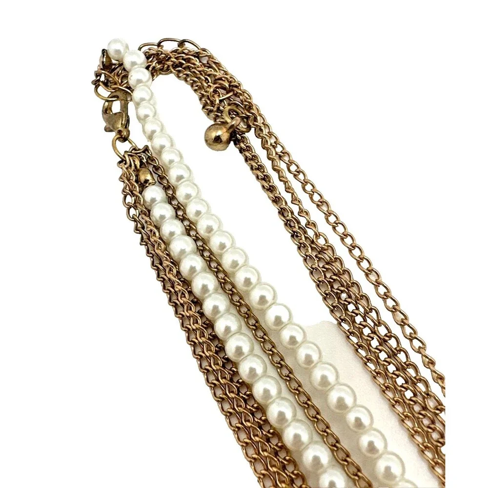 Vintage Multi Strand Statement Necklace Faux Pearl Gold Tone Chains Long 45